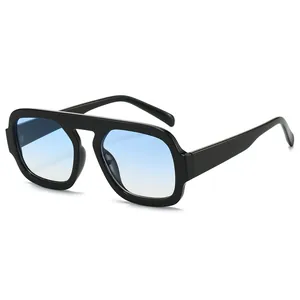 Retro oversized aviator sunglasses with black thick frame and blue gradient lenses