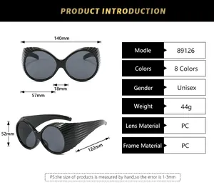 Detail view of vintage oval sunglasses with dimensions and material specifications.