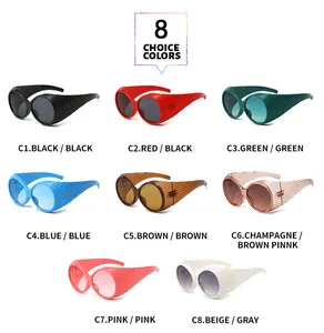 Detailed view of eight color options for vintage oval large frame fashion sunglasses