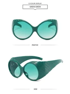 Front and side view of retro green oversized oval sunglasses with textured frame detail