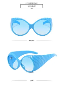 Front and side views of oversized blue retro sunglasses with textured frame details.