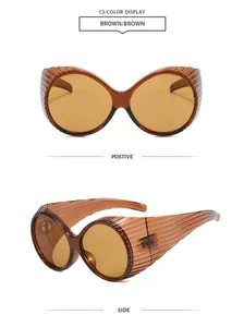 Front and side detailed views of retro oversized oval sunglasses in brown frame