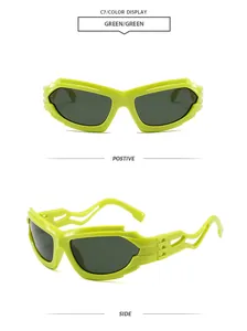 Occhiali da sole verde lime futuristici con montature ritagliate in vista frontale e laterale.