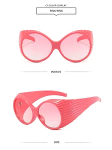Front and side detailed views of pink vintage oval sunglasses with textured side frames