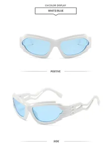 Occhiali da sole punk futuristici con montatura bianca e lenti blu da diverse angolazioni