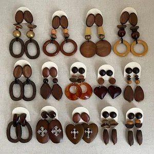 Retro Wood Patchwork Geometric Drop Earrings For Women Bohemian Ins Style Large Statement Earrings Jewelry Accessory