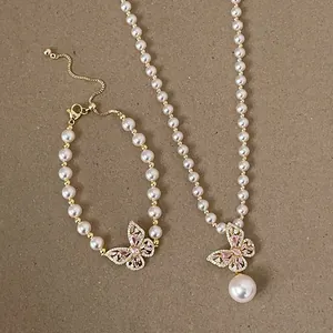 Elegantes Perlen-Schmuckset mit hohlgearbeiteten Schmetterlingsanhängern für Damen