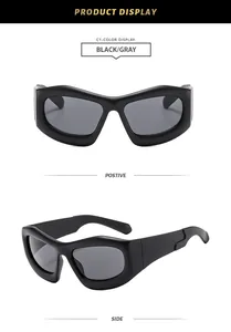Detailed view of Y2K chunky bubble sunglasses with matte black frames and gray lenses