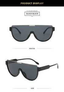 Oversized black shield sunglasses with metal top bar shown in front and side views
