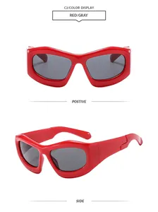 Detailed front and side display of trendy red Y2K bubble sunglasses with gray lenses