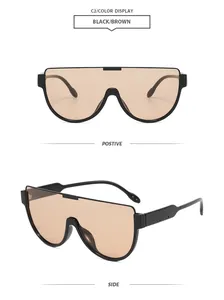 Front and side views of modern oversized shield sunglasses with brown lenses
