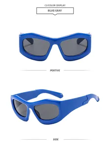 Front and side view of Y2K blue bubble frame sunglasses with gray lenses