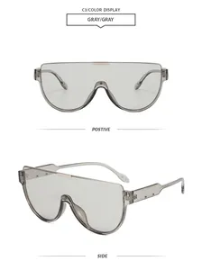 Front and side detailed views of oversized gray shield sunglasses with a modern aesthetic