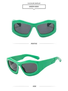 Trendy Y2K green bubble sunglasses with dark lenses, front and side view display