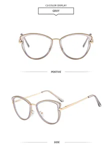 Stylish grey cat-eye metal glasses frame with anti-blue light lenses in detail views