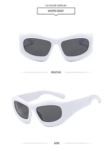 Close-up of white Y2K bubble sunglasses with gray lenses in front and side views