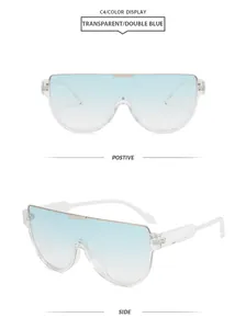 Front and side detailed views of oversized blue gradient sunglasses with clear frame