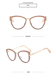 Front and side views of stylish tea-colored cat-eye glasses with gold metal temples