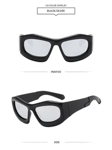 Front and side views of black Y2K bubble sunglasses with silver lenses for fashion