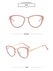 Fashionable pink cat-eye blue light blocking glasses frame with front and side views