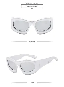 Detailed front and side views of silver Y2K bubble sunglasses with a metallic finish