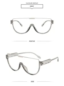 Detailed front and side views of gray oversized flat top sunglasses with lenses.
