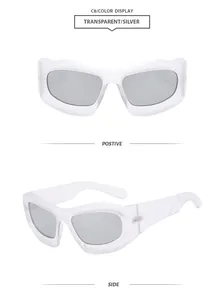 Detailed view of Y2K bubble sunglasses with transparent white frame and silver lenses