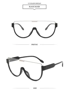 Front and side view of modern black and silver oversized integrated sunglasses