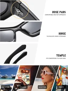 Detailed features of Y2K bubble sunglasses including nose pads, hinges, and lifestyle use