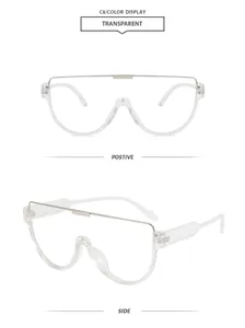 Macro detail of modern oversized transparent sunglasses with silver metal bridge