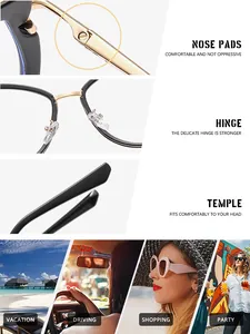 Close-up details of cat-eye glasses frame hinge, nose pads, and lifestyle scenarios
