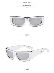 Viste frontale e laterale di occhiali da sole sportivi quadrati futuristici argento.