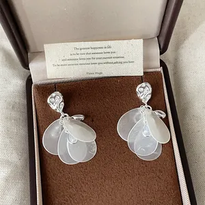 Primer plano de pendientes de borla de concha con forma de hoja de plata en estuche