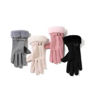 Detailed view of women's winter warm Dralon gloves with plush faux fur cuffs and buckle strap