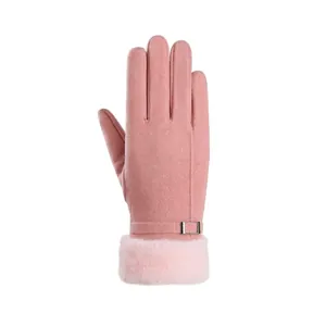Elegant pink winter gloves for women with cozy faux fur cuff and adjustable buckle strap