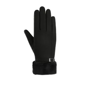 Women's black thermal winter gloves with faux fur cuff and touchscreen fingertips