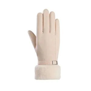 Close-up of warm women's winter gloves featuring a stylish faux fur cuff and buckle.