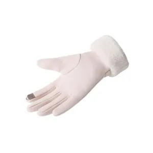 Detail of women's thermal glove with white faux fur cuff and touchscreen fingertip
