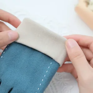 Close-up of elastic beige cuff on teal thermal Dralon gloves for winter warmth