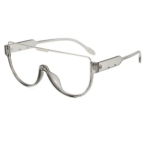 Modern oversized shield sunglasses with transparent grey frame and metal top bar