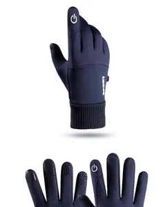 Detailed view of navy blue winter gloves featuring touch screen fingers and anti-slip grip.