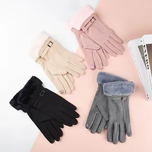 Vue détaillée de gants d'hiver chauds pour femmes en quatre couleurs avec fourrure.