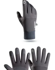 Detail of winter touchscreen gloves with non-slip silicone palms and ribbed cuffs