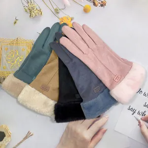 Cozy winter suede gloves for women featuring thick faux fur cuffs in assorted colors