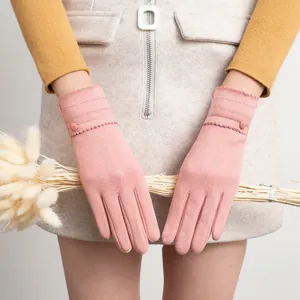 Women Winter Warm Knitted Rabbit Hair Plush Gloves Elegant Scalloped Edge Touchscreen Mittens With Decorative Buttons Thermal Outdoor Gloves