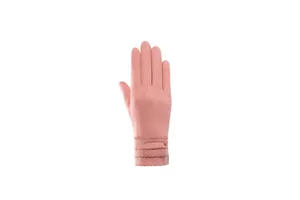 Detail showing soft texture and decorative stitching on pink winter glove with button