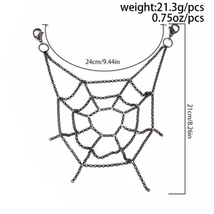 Detailed measurement view of a punk style black spiderweb body chain for women
