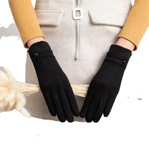Elegant black velvet winter gloves for women featuring touchscreen tips and warm lining