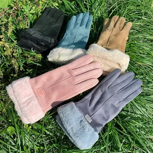 Warm women's faux suede winter gloves with plush faux fur cuffs in assorted colors