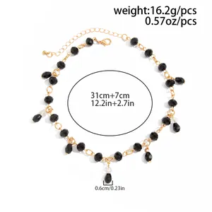 Detail view of gothic black beaded choker with water drop fringe and measurements.